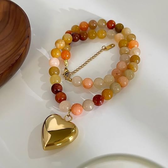 Peri'sBox Women's Multi-color Natural Stone Beaded Choker | Gold Plated Stainless Steel Heart Pendant | Bohemia Trendy