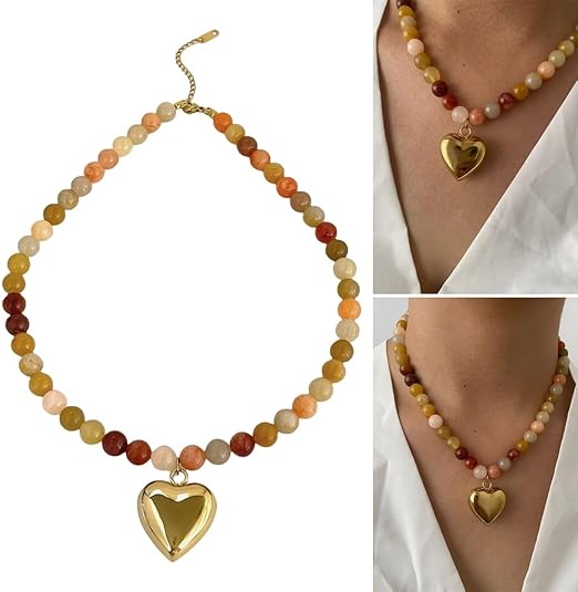 Peri'sBox Women's Multi-color Natural Stone Beaded Choker | Gold Plated Stainless Steel Heart Pendant | Bohemia Trendy