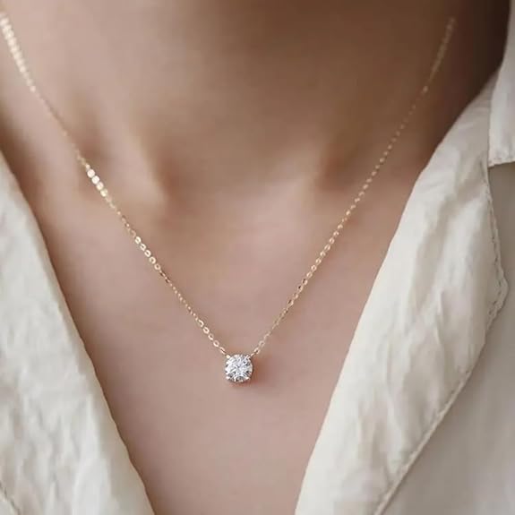 Jkeli S925 Sterling Silver Solitaire Necklace | Gold Plated Zircon Pendant | Delicate Minimalist Fine Jewellery