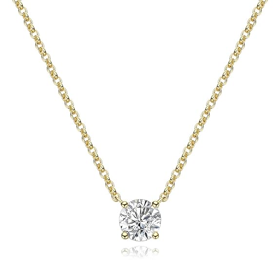 Jkeli S925 Sterling Silver Solitaire Necklace | Gold Plated Zircon Pendant | Delicate Minimalist Fine Jewellery
