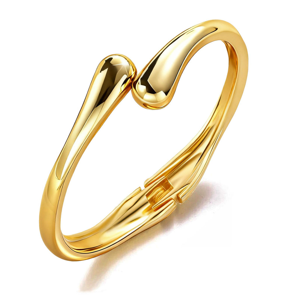 Women's Gold Plated Cuff Bangle | Sculptural Teardrop Open Bracelet | Minimalist Fluid Statement Jewellery