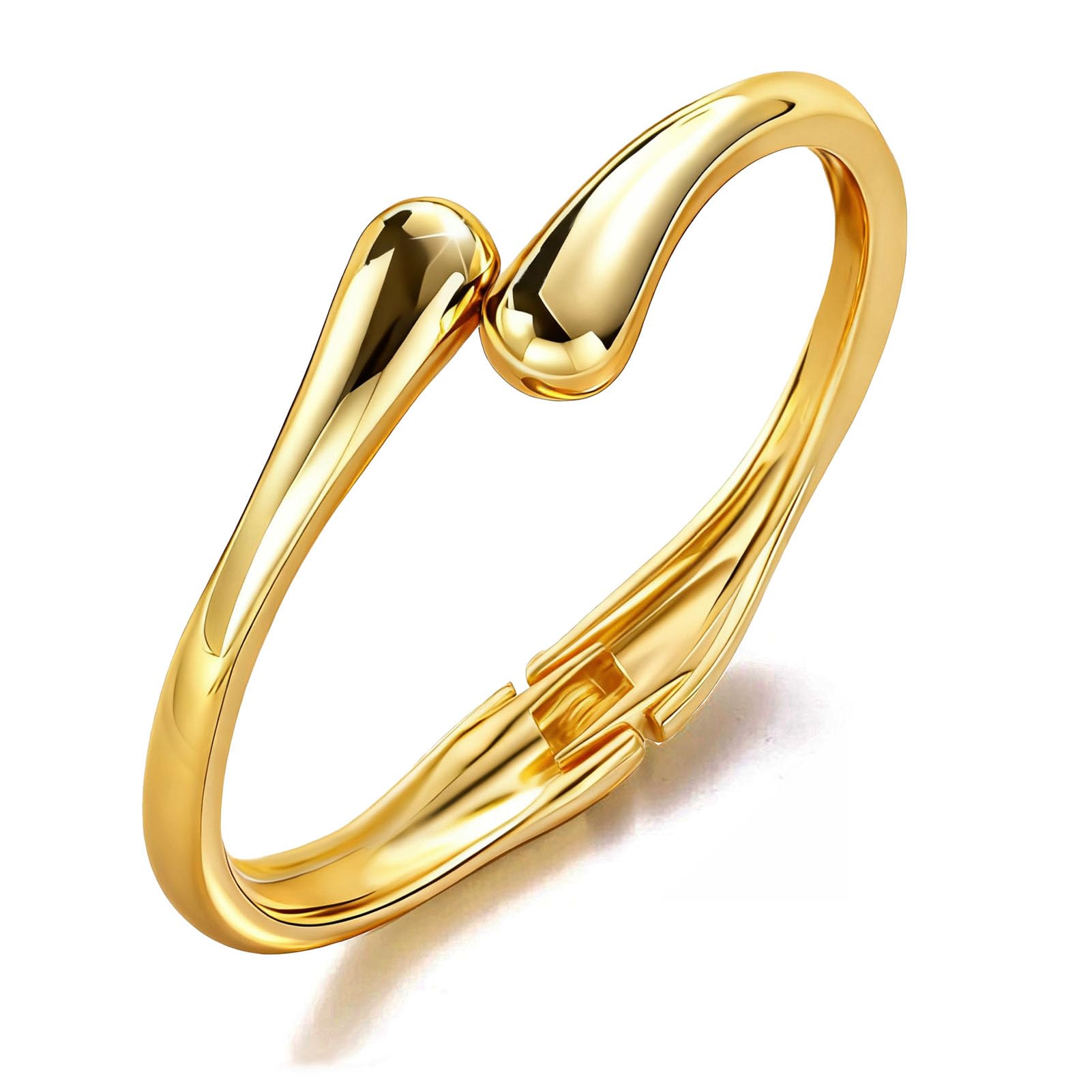 Women's Gold Plated Cuff Bangle | Sculptural Teardrop Open Bracelet | Minimalist Fluid Statement Jewellery