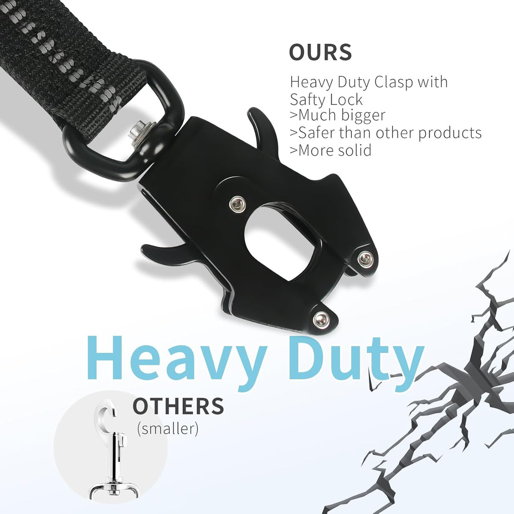 Heavy Duty Tactical Bungee Dog Leash | Zero Shock, Frog Clip & Car Seat Belt Buckle | Reflective Large Dog Lead