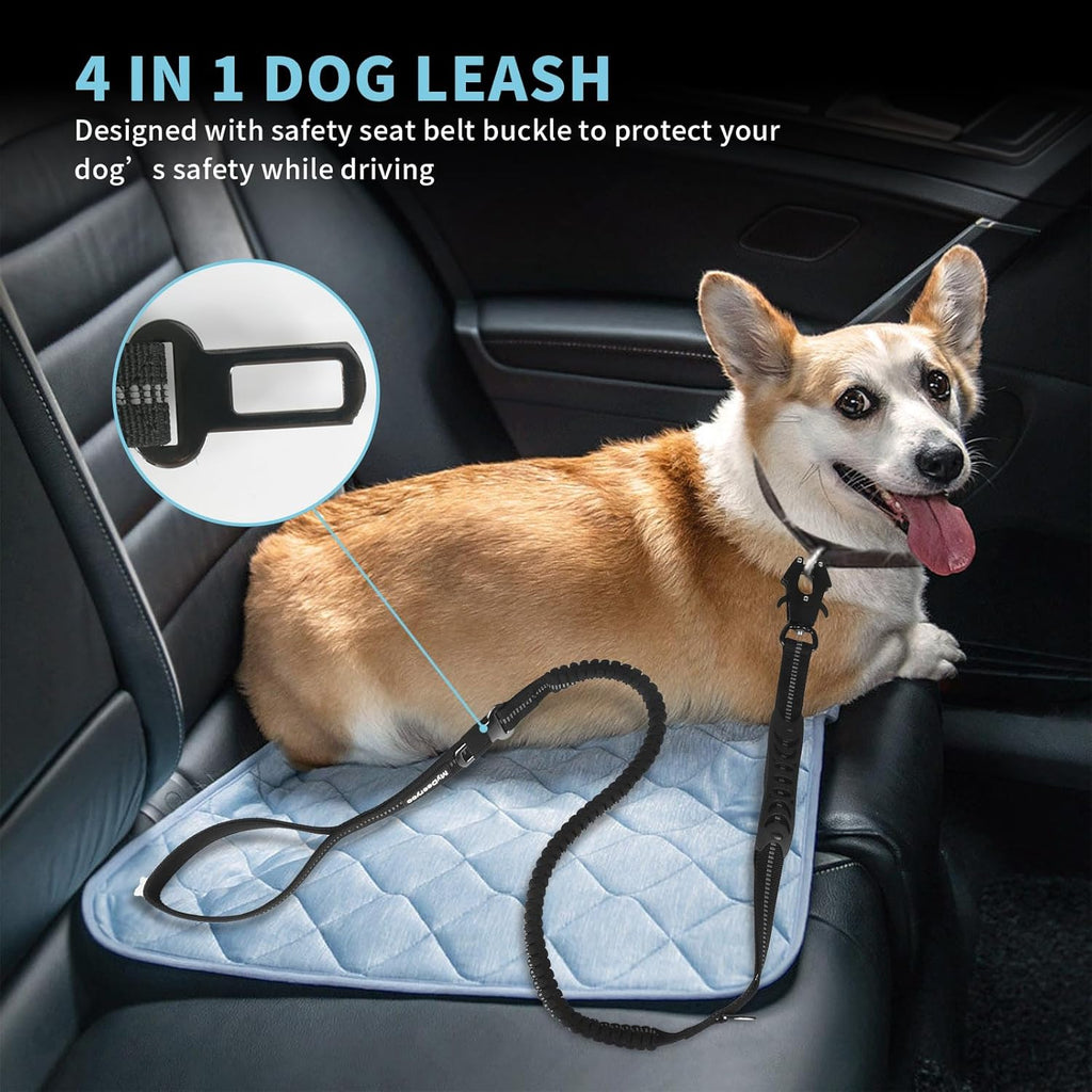 Heavy Duty Tactical Bungee Dog Leash | Zero Shock, Frog Clip & Car Seat Belt Buckle | Reflective Large Dog Lead