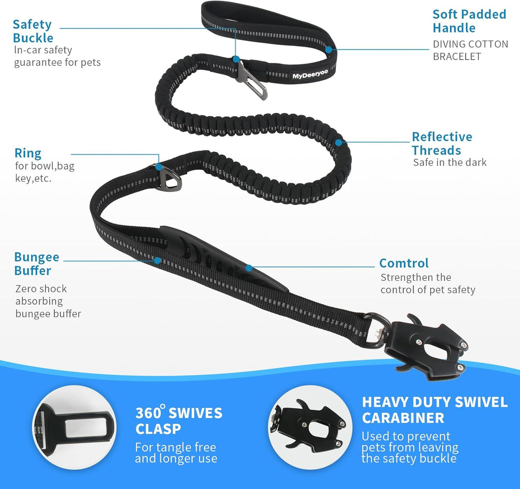 Heavy Duty Tactical Bungee Dog Leash | Zero Shock, Frog Clip & Car Seat Belt Buckle | Reflective Large Dog Lead