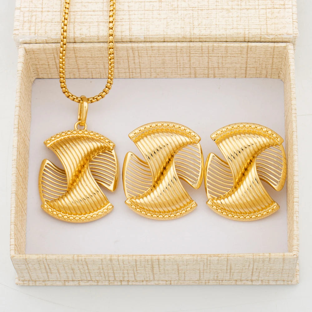 GZJPEI Dubai Gold Plated 4Pcs Jewellery Set | 18K Spiral Clip Necklace, Bangle & Ring | Wedding Bridal Accessories