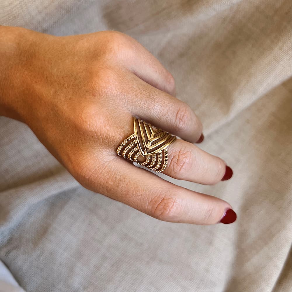 DGIDDK Women's 18K Gold Plated Statement Ring | Stainless Steel V-Shape Geometric Jewellery | Adjustable Wide Band