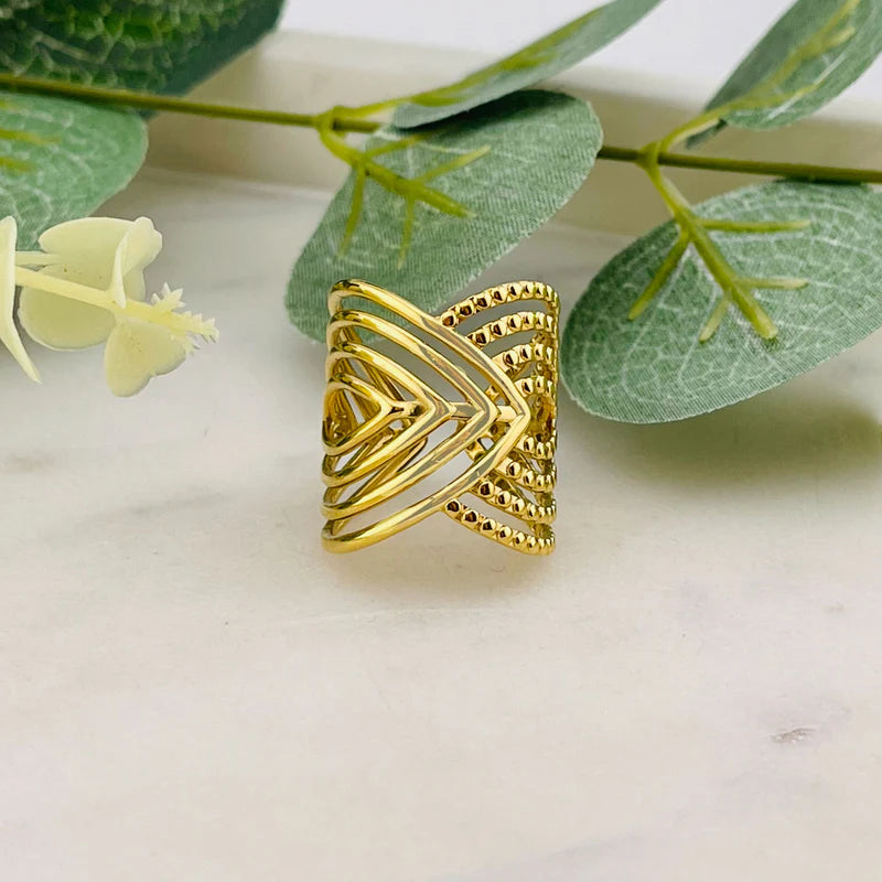 DGIDDK Women's 18K Gold Plated Statement Ring | Stainless Steel V-Shape Geometric Jewellery | Adjustable Wide Band