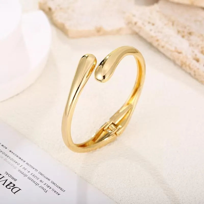 Women's Gold Plated Cuff Bangle | Sculptural Teardrop Open Bracelet | Minimalist Fluid Statement Jewellery
