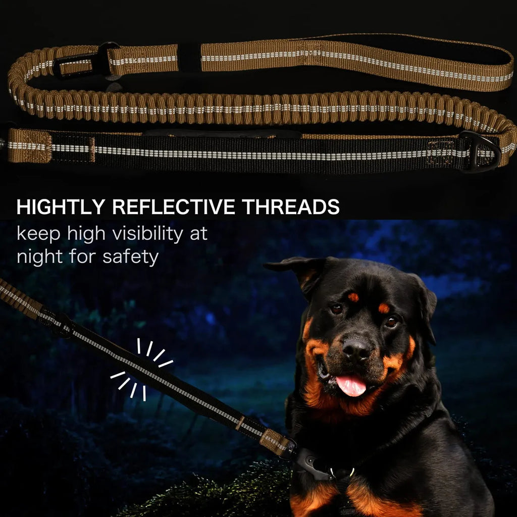 Heavy Duty Tactical Bungee Dog Leash | Zero Shock, Frog Clip & Car Seat Belt Buckle | Reflective Large Dog Lead
