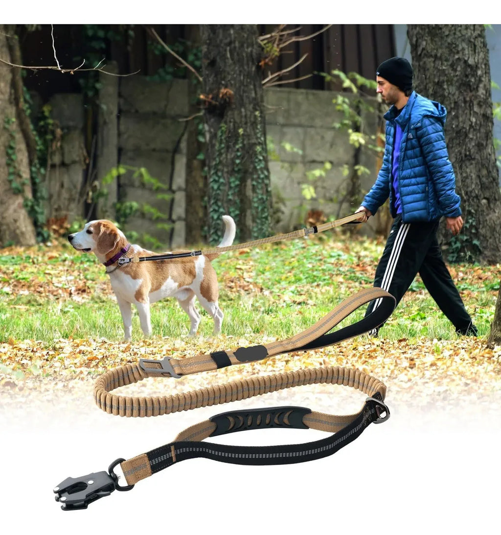 Heavy Duty Tactical Bungee Dog Leash | Zero Shock, Frog Clip & Car Seat Belt Buckle | Reflective Large Dog Lead