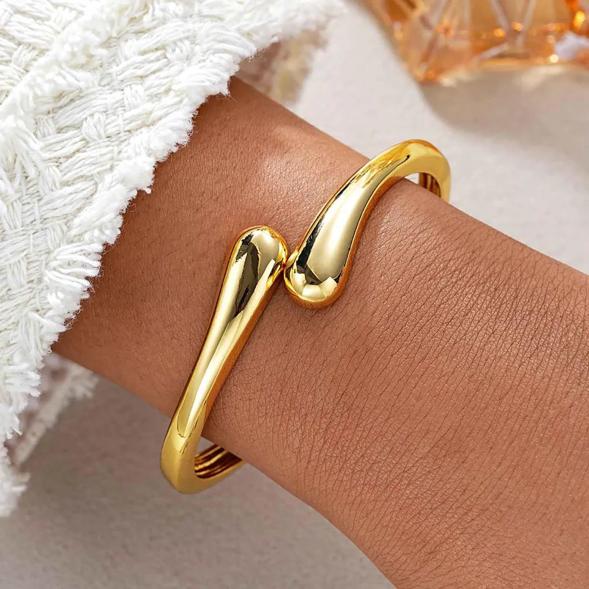 Women's Gold Plated Cuff Bangle | Sculptural Teardrop Open Bracelet | Minimalist Fluid Statement Jewellery