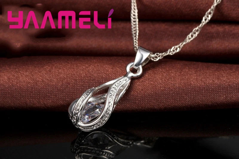 YAAMELI Women's Water Drop Jewellery Set | Sterling Silver Plated Necklace & Dangle CZ Earrings | Wedding Party