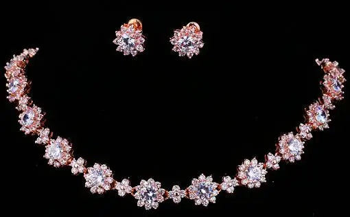 Emmaya Luxury Bridal Jewellery Set | Cubic Zirconia Flower Cluster Necklace & Earrings | Copper Gold Plated Wedding Accessory
