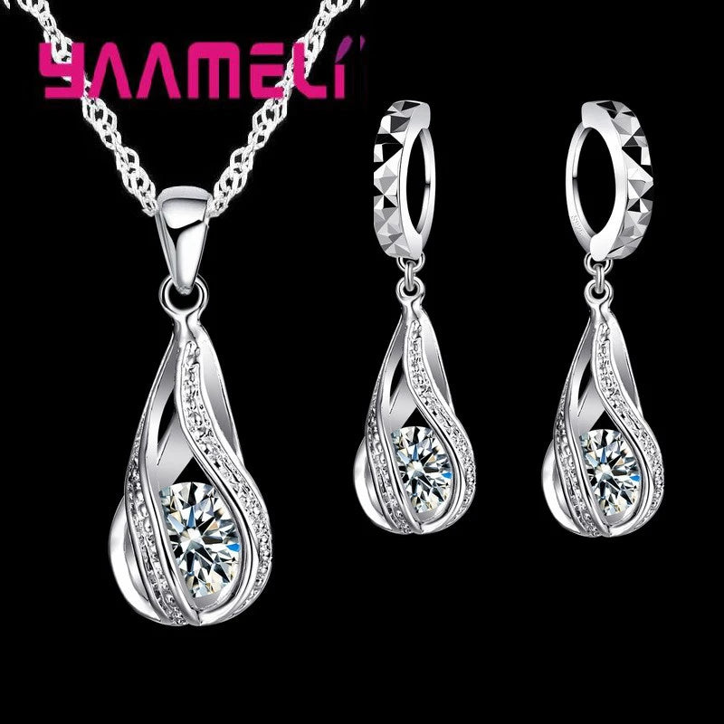 YAAMELI Women's Water Drop Jewellery Set | Sterling Silver Plated Necklace & Dangle CZ Earrings | Wedding Party