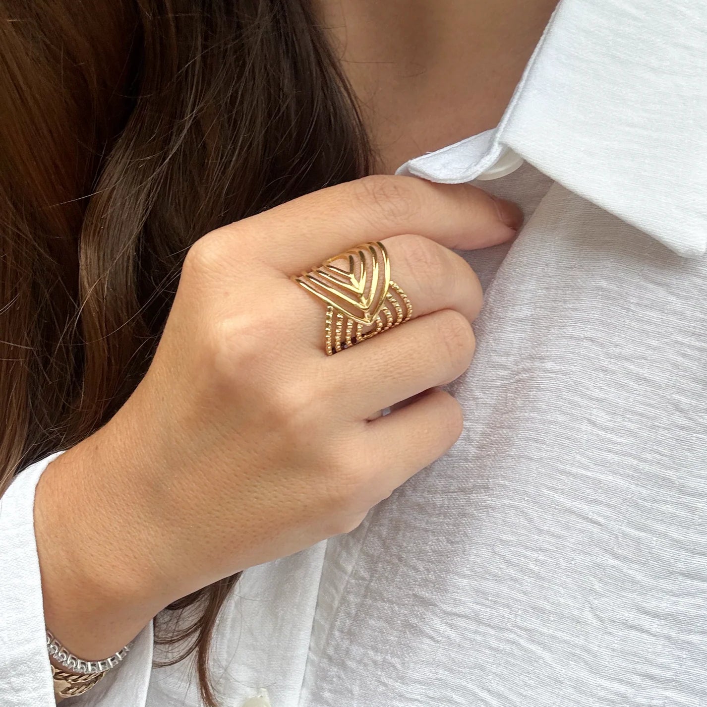 DGIDDK Women's 18K Gold Plated Statement Ring | Stainless Steel V-Shape Geometric Jewellery | Adjustable Wide Band