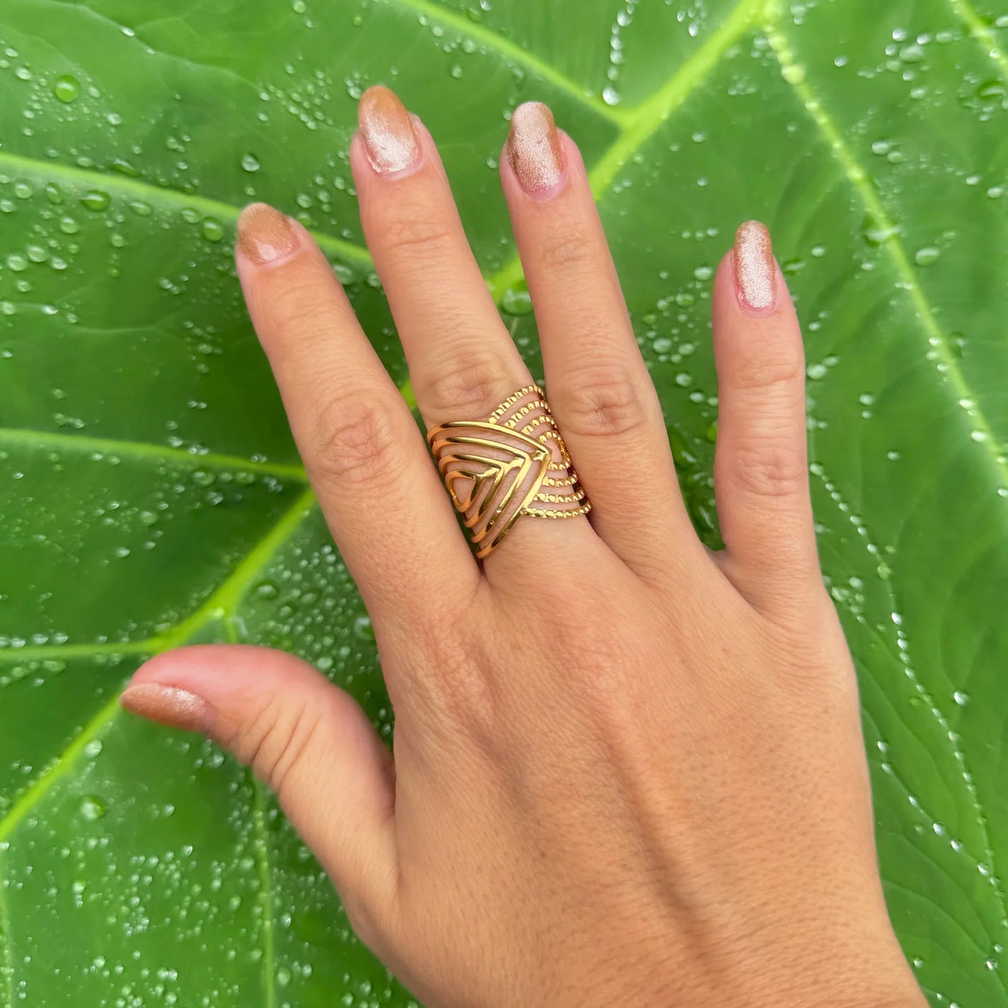 DGIDDK Women's 18K Gold Plated Statement Ring | Stainless Steel V-Shape Geometric Jewellery | Adjustable Wide Band