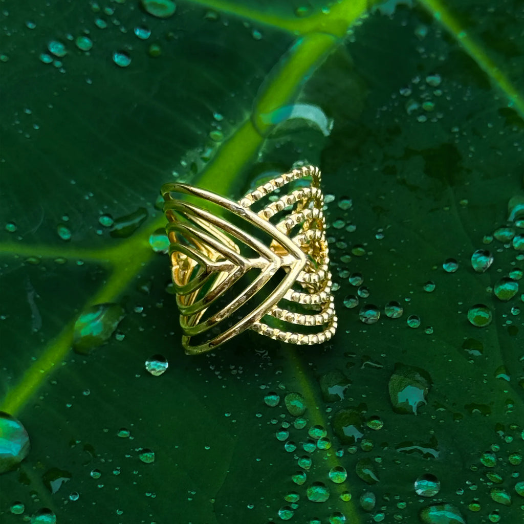 DGIDDK Women's 18K Gold Plated Statement Ring | Stainless Steel V-Shape Geometric Jewellery | Adjustable Wide Band