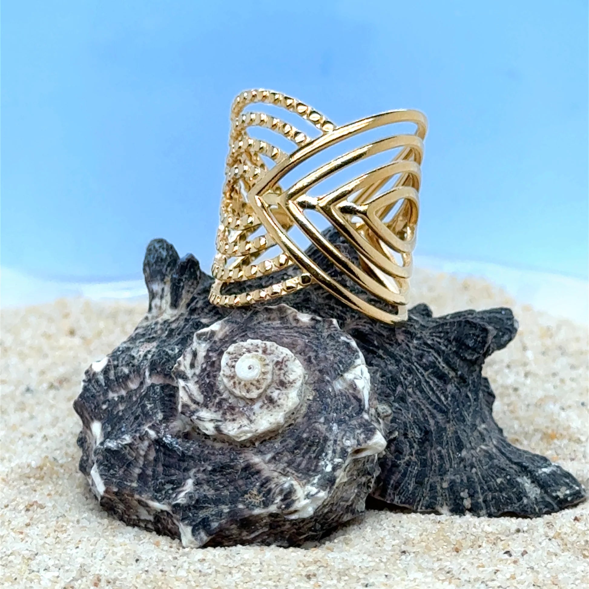 DGIDDK Women's 18K Gold Plated Statement Ring | Stainless Steel V-Shape Geometric Jewellery | Adjustable Wide Band