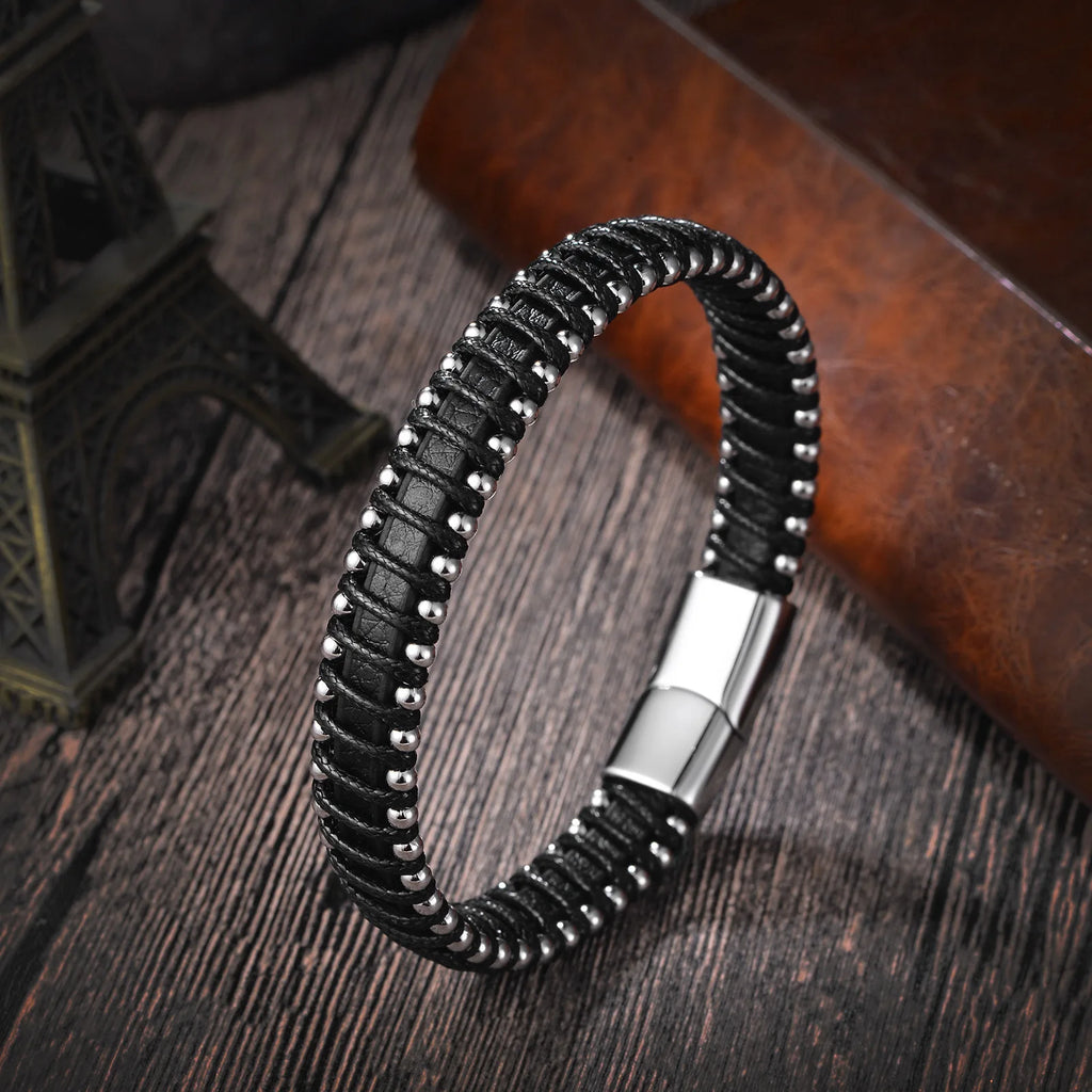 JIAYUPENG Men's Fusion Bracelet | Black Leather & Stainless Steel Chain | Magnet Clasp | Trendy Jewellery
