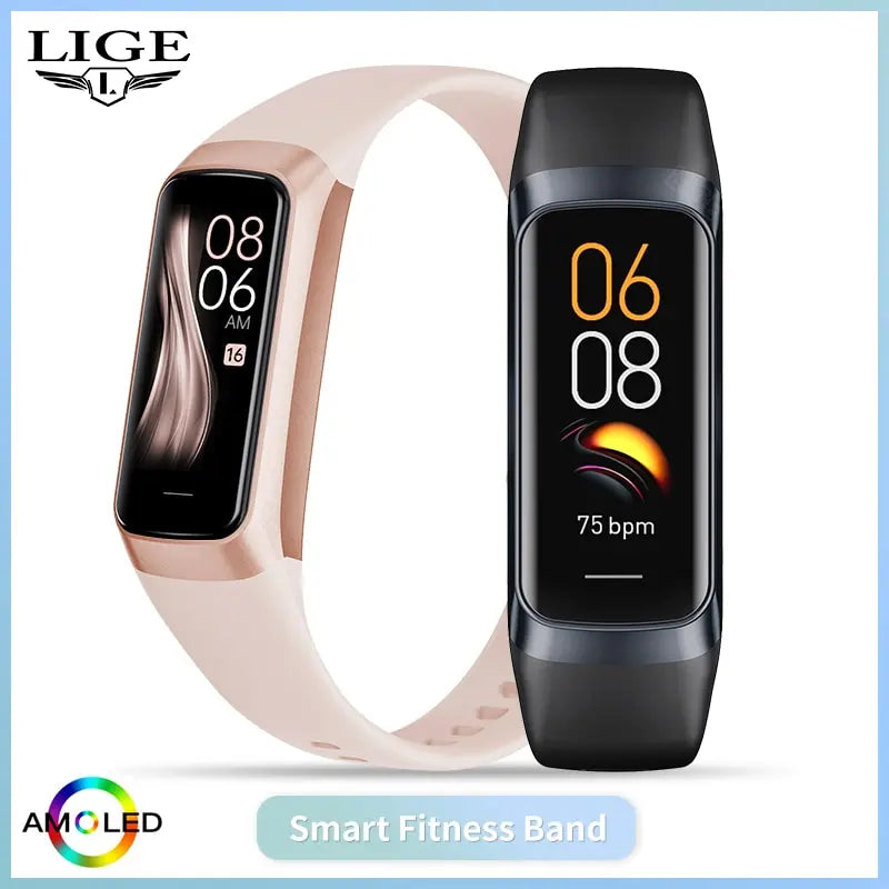 LIGE Unisex Smart Bracelet with AMOLED Display, Heart Rate, Blood Pressure and Physical Activity Monitor, Waterproof.