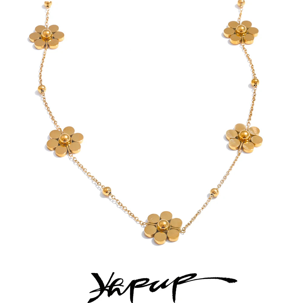 Yhpup Women's PVD Gold Plated Flower Chain Necklace | Stainless Steel Anti-Tarnish Jewellery | Trendy Layering Piece