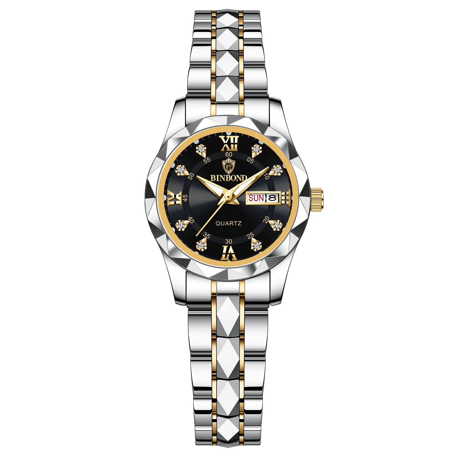 BINBOND B2522 Women's Quartz Watch | Tungsten Steel Two-Tone Bracelet | Diamond-Cut Bezel | Day/Date