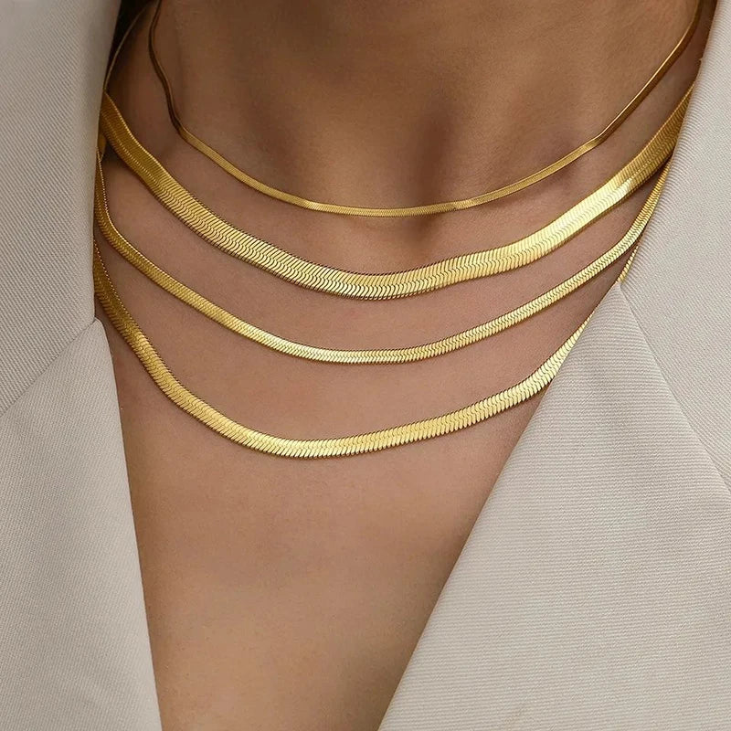 LOVBEAFAS Waterproof Snake Chain Necklace | Stainless Steel Herringbone Link | Gold & Silver Trend | 2mm-5mm Width