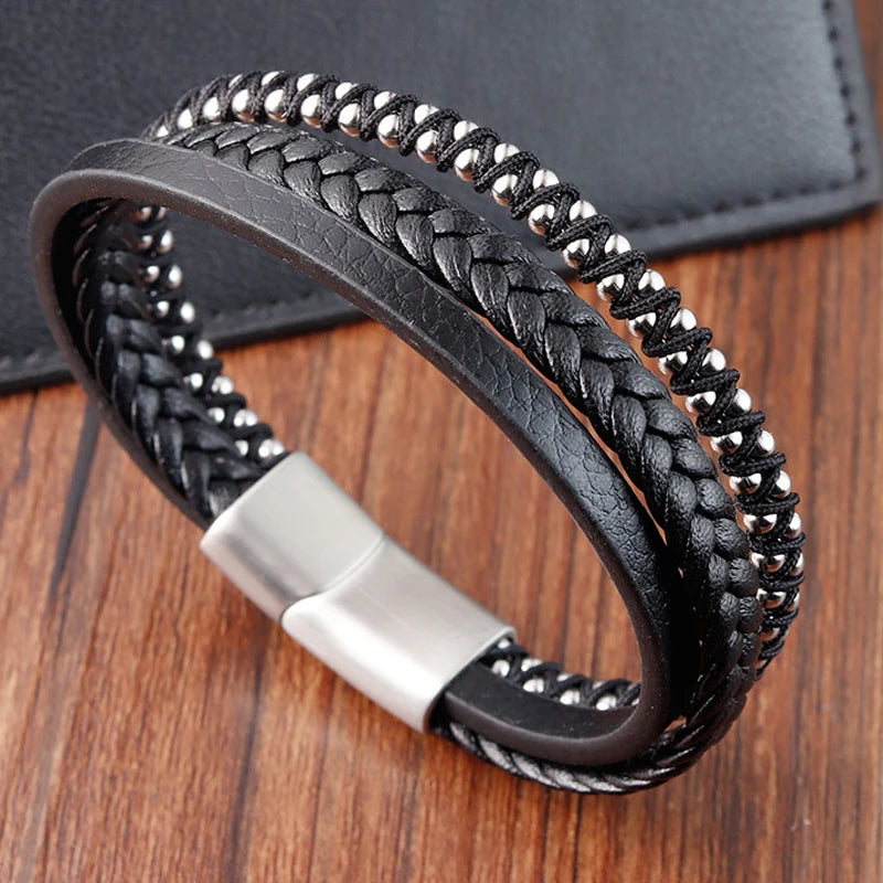 JIAYUPENG Men's Fusion Bracelet | Black Leather & Stainless Steel Chain | Magnet Clasp | Trendy Jewellery