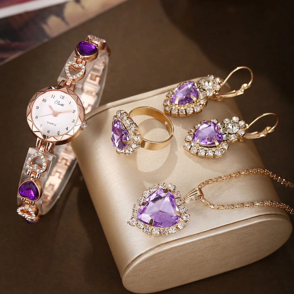 Premium Women's 4-Piece Set 2025 – Quartz Watch, Necklace, Ring and Earrings with Crystals