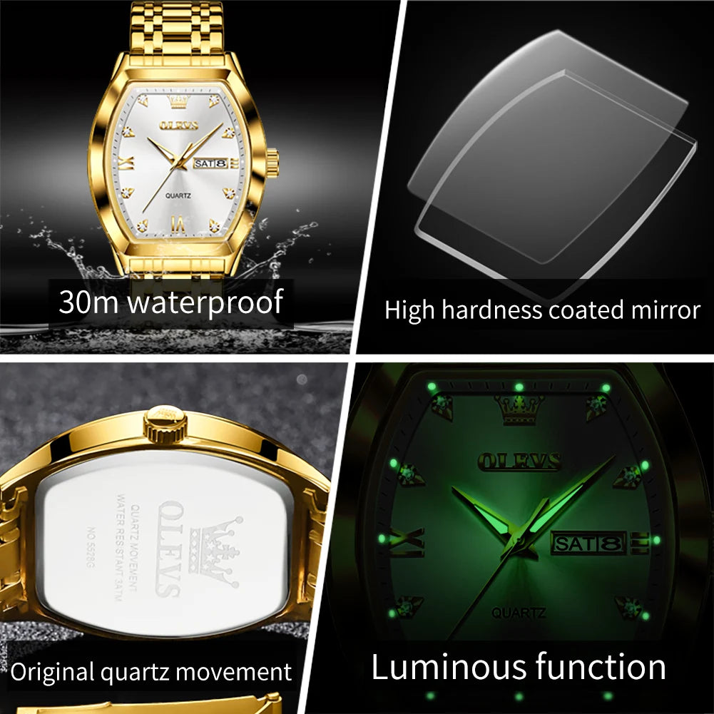 OLEVS 5528 Men's Classic Luxury Watch, Quartz Movement, Luminous, Tonneau-shaped Dial, Top Quality, Water Resistant