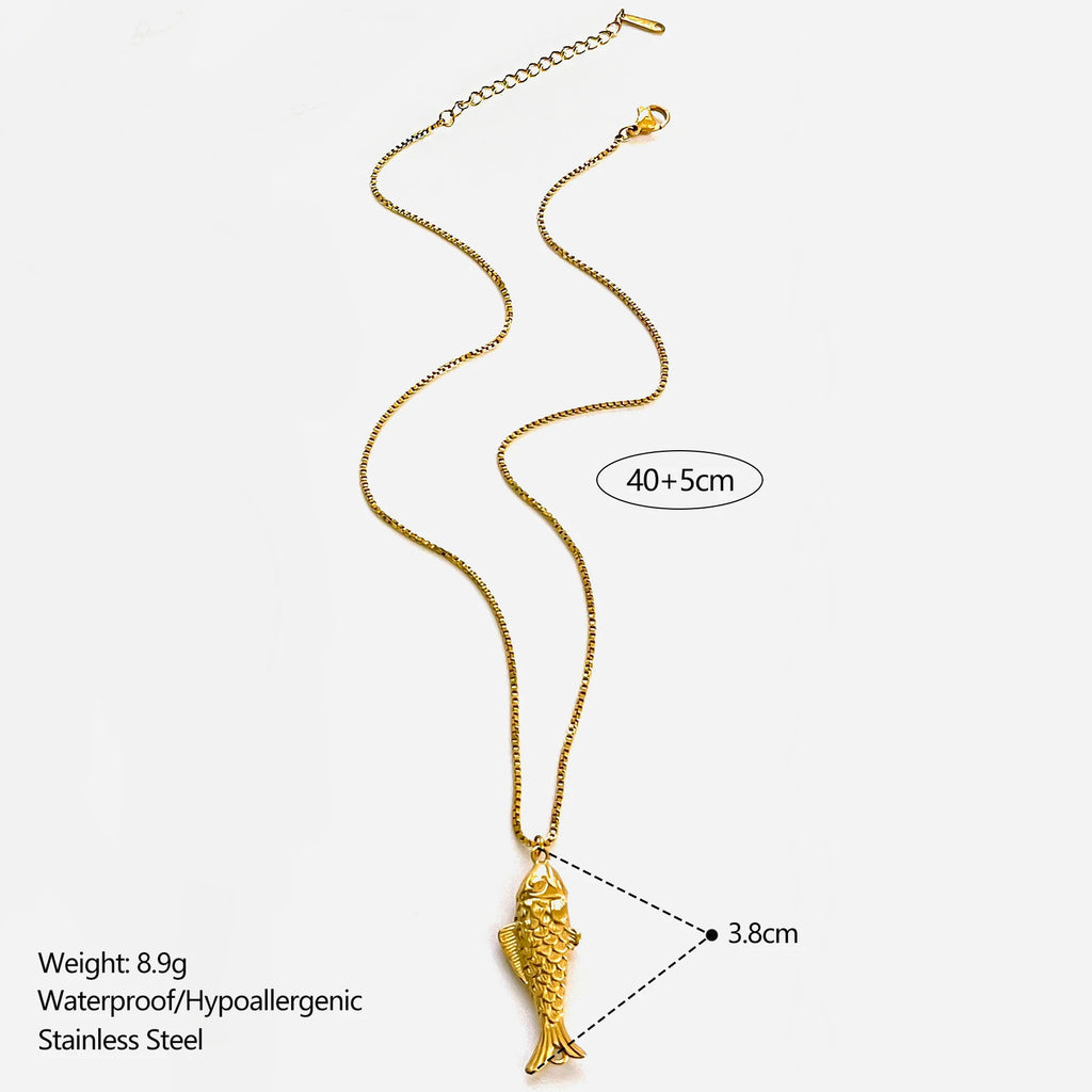 GHIDBK Women's Gold Plated Fish Pendant Necklace | 316L Stainless Steel Waterproof Chain | Trendy Beach Jewellery