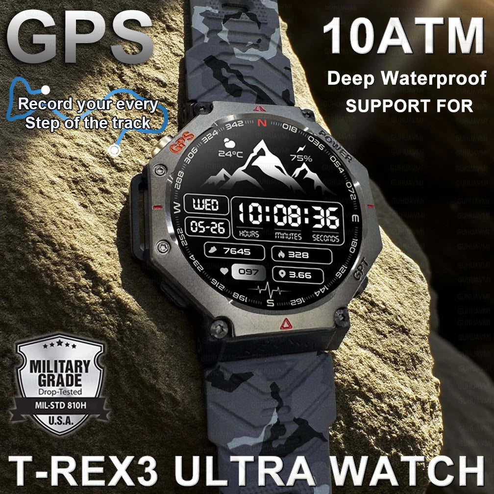 GUHUAVMI Tactical Smartwatch | 10ATM IP69K Waterproof | Dual GPS Tracking | 30-Day Standby | Compass & Flashlight