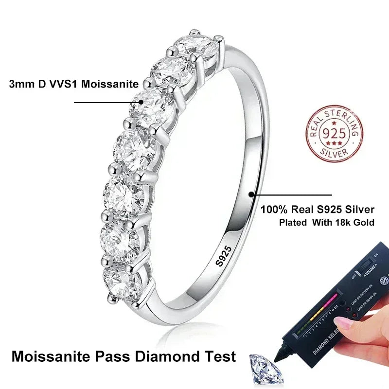 NeeTim Moissanite Half Eternity Ring | D Colour VVS1, 3mm Stones | S925 Sterling Silver Wedding Band