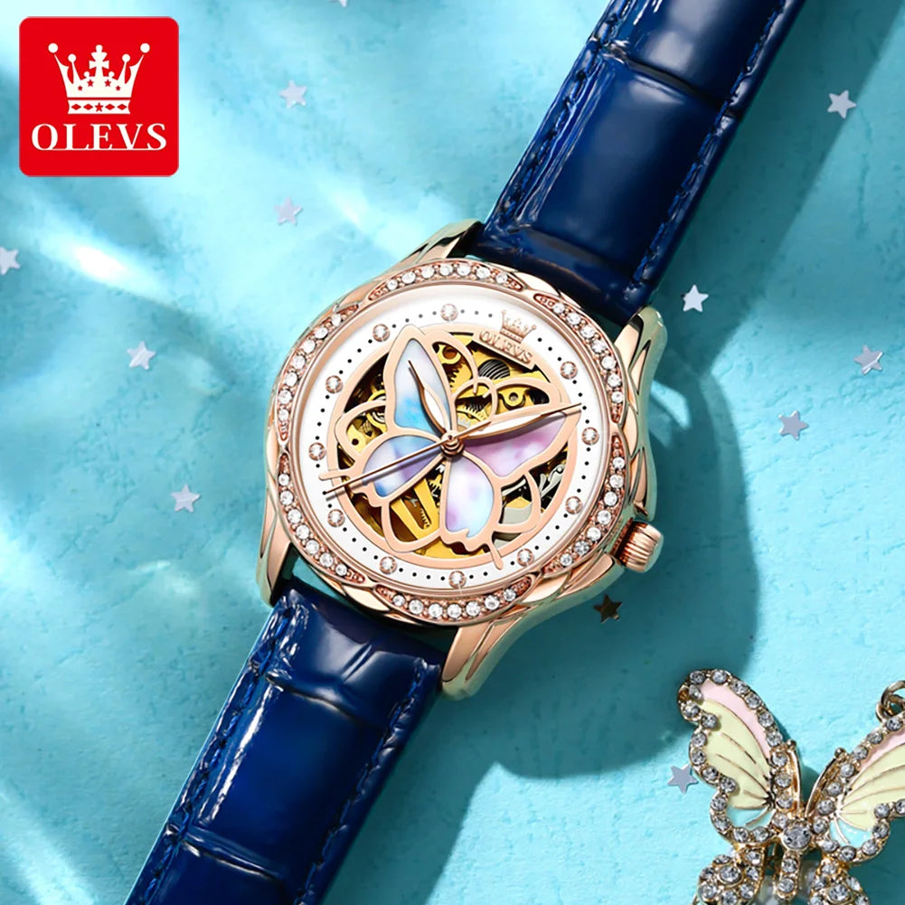 OLEVS 6615 Women's Automatic Watch | Butterfly Skeleton Dial | Rose Gold & Ceramic Bracelet | Rhinestone Bezel