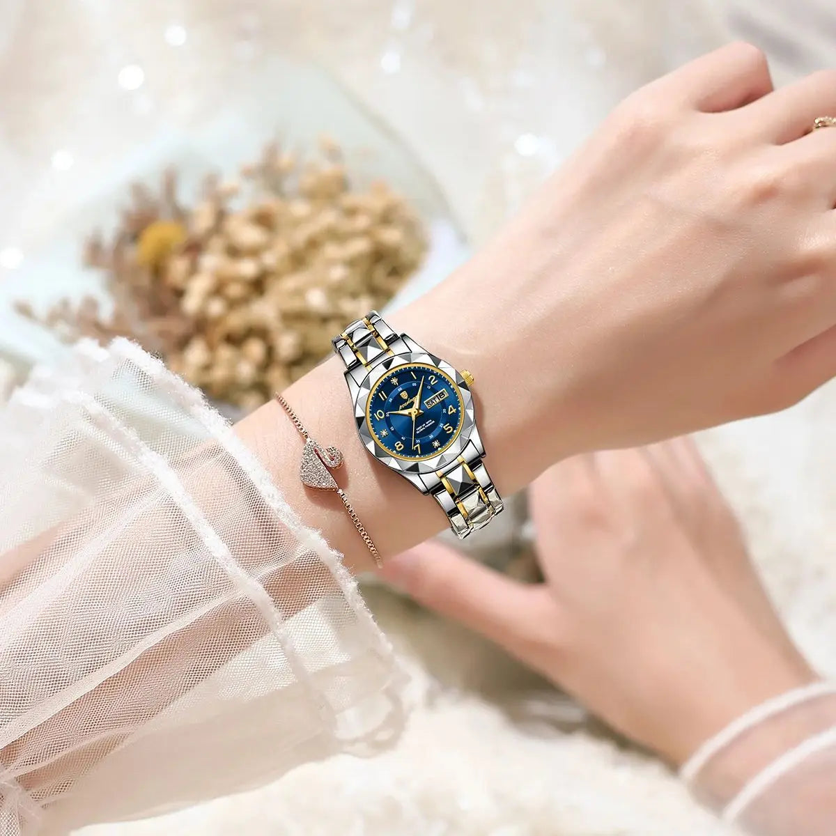 POEDAGAR 782 Women's Quartz Watch | Diamond-Cut Bezel | Two-Tone Stainless Steel | Day/Date Display