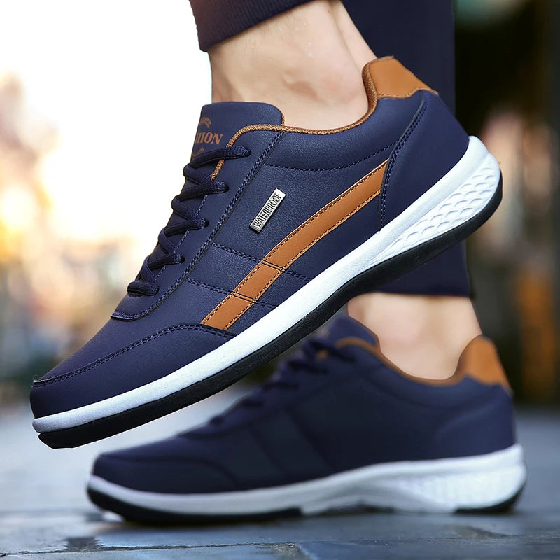 PUAMSS Men's Casual Sneaker | Waterproof PU Upper | Navy & Brown Classic Style | Flat Heel