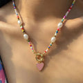 YWZIXLN Women's Multi-Colour Beaded Choker Necklace | Heart Pendant & Pearl Accents | Trendy Bohemian Jewellery