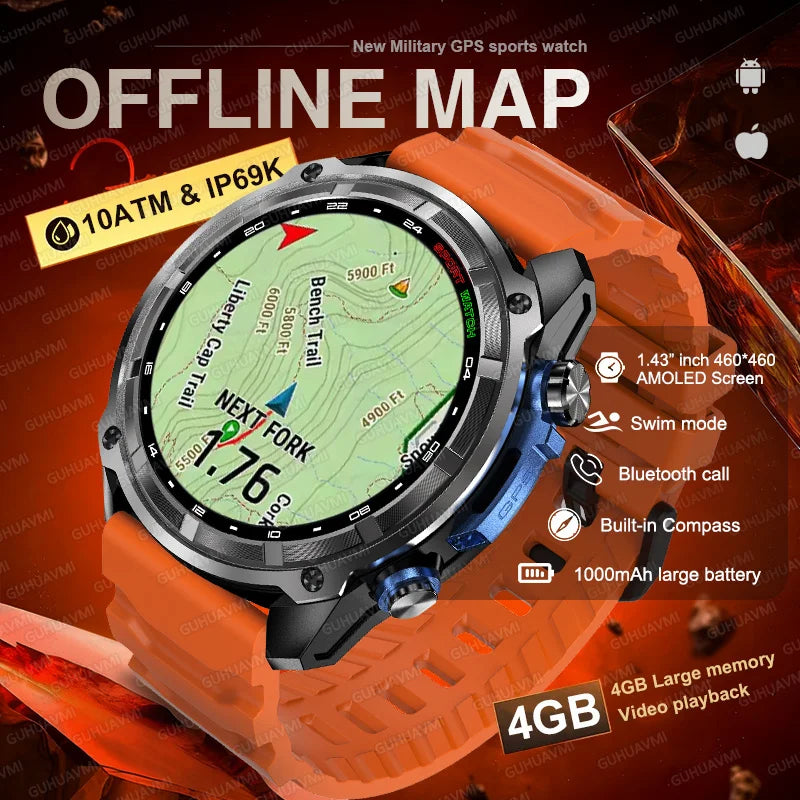 GUHUAVMI T-Rex Ultra Military GPS Smartwatch | 1000mAh Battery | Offline Maps | 10ATM IP69K Waterproof | 4GB Memory