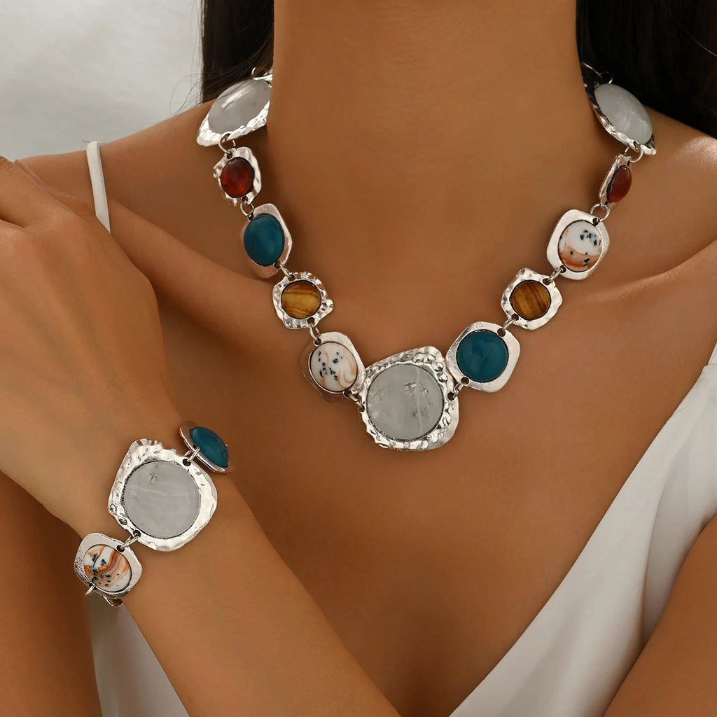 Bohemia Multi-Stone Geometric Jewellery Set | Chunky Irregular Necklace & Bracelet | Vintage Metal Fashion
