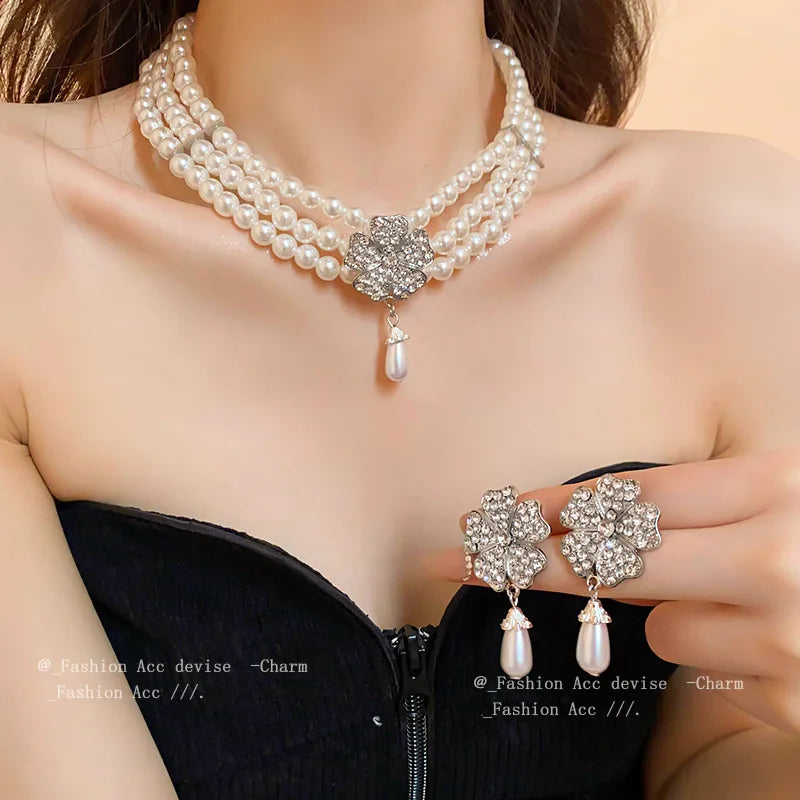 DREJEW Multi-Layer Pearl & Rhinestone Jewellery Set | Classic Flower Cluster Necklace & Earrings | Wedding Statement