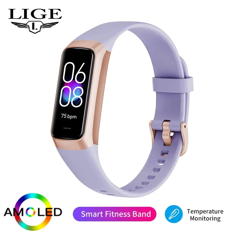 LIGE Unisex Smart Bracelet with AMOLED Display, Heart Rate, Blood Pressure and Physical Activity Monitor, Waterproof.