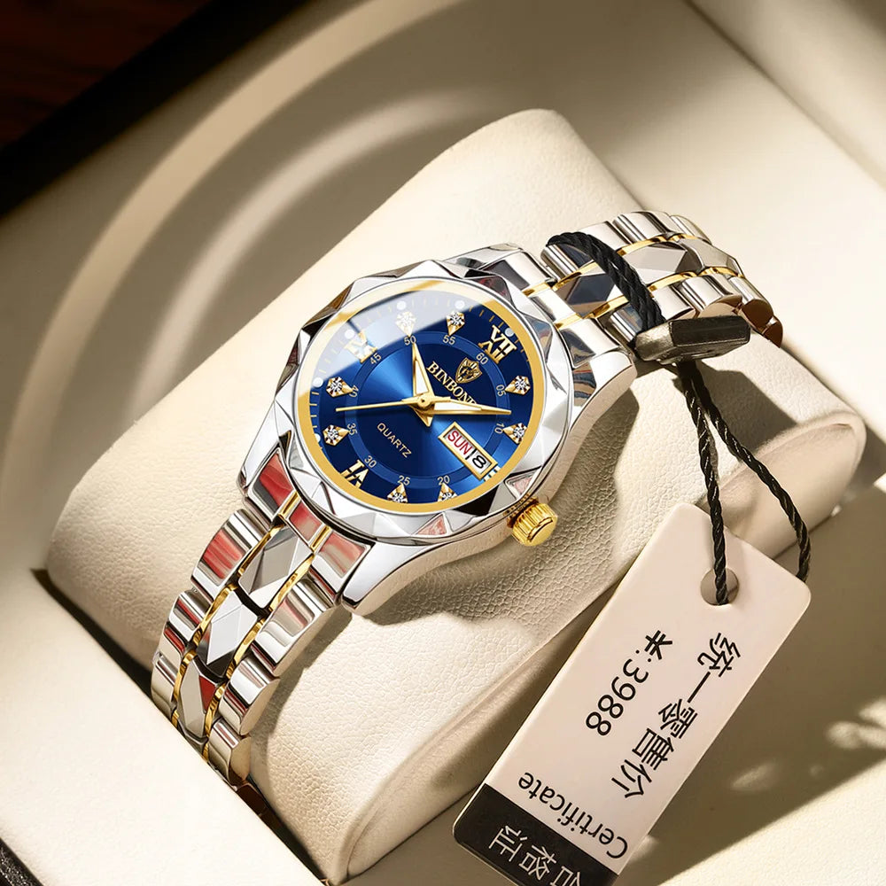 BINBOND B2522 Women's Quartz Watch | Tungsten Steel Two-Tone Bracelet | Diamond-Cut Bezel | Day/Date