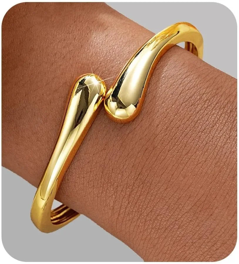 Women's Gold Plated Cuff Bangle | Sculptural Teardrop Open Bracelet | Minimalist Fluid Statement Jewellery
