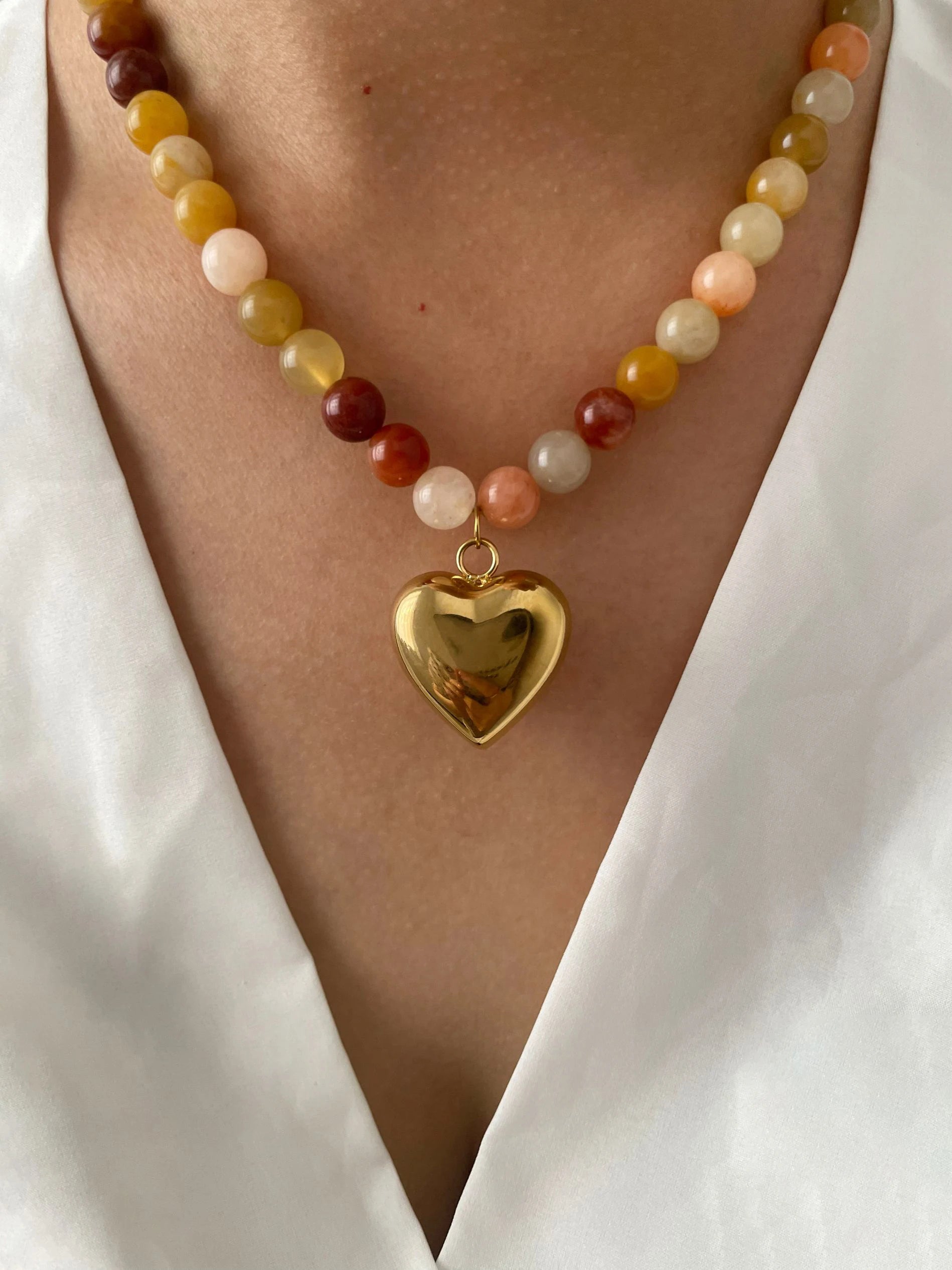 Peri'sBox Women's Multi-color Natural Stone Beaded Choker | Gold Plated Stainless Steel Heart Pendant | Bohemia Trendy