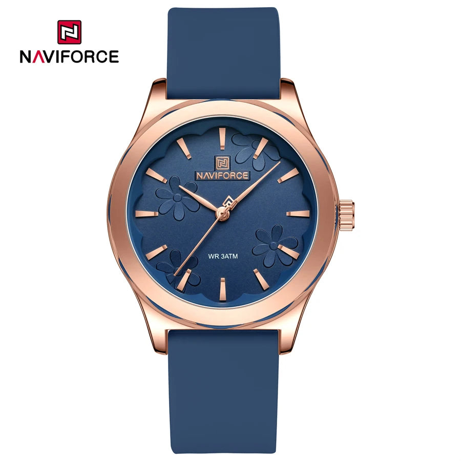 NAVIFORCE NF5051 Women's Quartz Watch | Floral Dial Design | Rose Gold Case | Silicone Strap | 3ATM