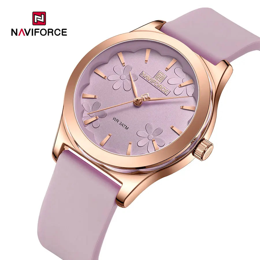 NAVIFORCE NF5051 Women's Quartz Watch | Floral Dial Design | Rose Gold Case | Silicone Strap | 3ATM