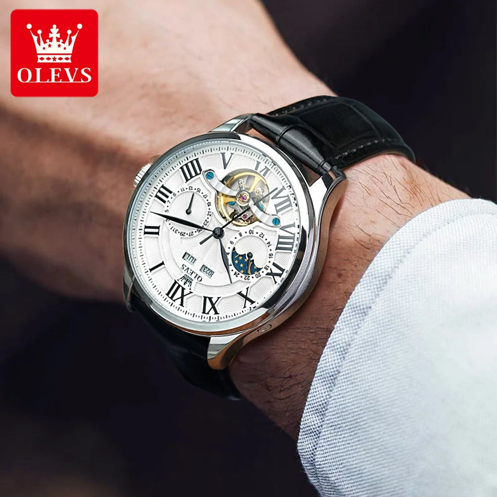 OLEVS 7013 Automatic Mechanical Watch – Moon Phase | Skeleton Dial | Roman Numerals | 3 ATM Water Resistant | Genuine Leather Strap