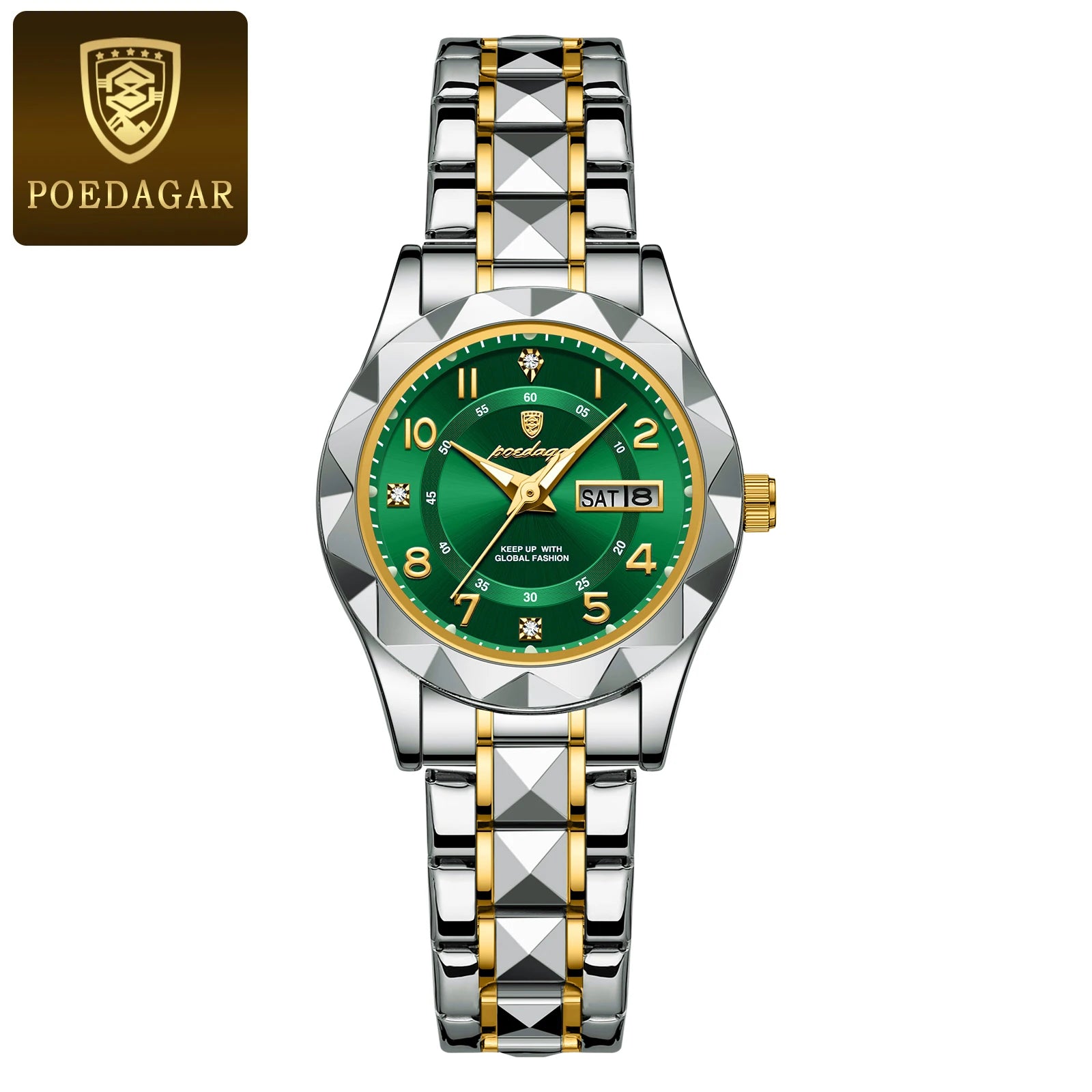 POEDAGAR 782 Women's Quartz Watch | Diamond-Cut Bezel | Two-Tone Stainless Steel | Day/Date Display