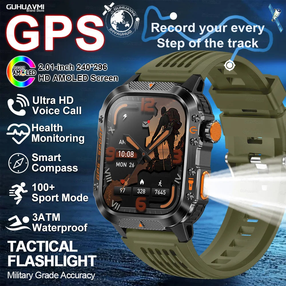 Smartwatch with GPS | GUHUAVMI HT36 Military Style | 2.01” HD AMOLED Screen | Water resistant up to 10 ATM | 540 mAh battery